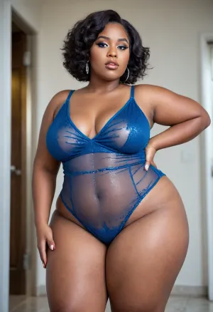 Ultra-realistic glamour photography, skin texture, eyelashes, the sparkle in her eyes. The outfit consists of a transparent dress with a V-shaped neckline. Sensual photography of a beautiful obese fat african woman, 25 years. Her appearance is characterized by a well-proportioned body, a beautiful face, and a beautiful fat figure. A wide-angle shot from a low angle, emphasizing perspective with a wide-angle lens and direct eye contact. Beautiful hair, a round, fluffy short bob with blue color. Bright color. Tousled. A composition that frames her entire body. Ultra-realistic, perfect human anatomy. Emphasis on perspective, bbw, venus, body, ass, <lora:Chubby BBW - XL:2>