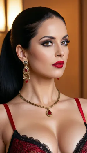 43 years old woman, dark straight long hair, ponytail, upturned nose, dark almost black eyes, thick dark rimel with a perfect makeup, Cleopatra-style rimel flick at the outer corner of the eye, eyes shadows matching with the eyeliner, perfect Full lips, red bright gloss Lips, sexy eyes, the face lines matches with the 18 years old age, she is voluptous and beatiful, mouth a little open like a model. Cinematic and realistic Photo, 8k, woman face, large breasts, large areolas trought a sexy transparent black lingerie, expensive white gold necklace with a huge Ruby pendant, Ruby earrings. The light in the photo is bright, shiny and reveals the shape of her breasts.