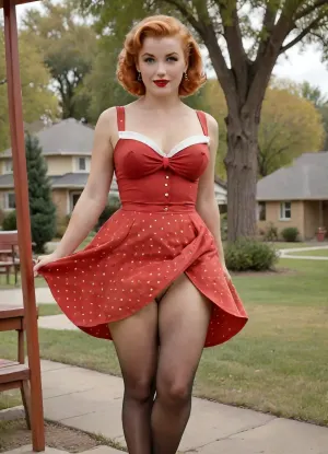 (((1950 pinup style))), painted style, outdoors, swinger dress, 1950s red dress with white polka dots, 1950’s dress, pantyless, painted, watercolour, (ginger-gold hair), massive saggy breasts, ginger pubic hair, black stockings and garter, Caucasian woman, curly messy Bob cut, Ad, Americana, Style, vintage, advertisement, retro, 1950's, windyupskirt, photography, Movie, Poster, page, <lora:windyupskirt_SDXL:.5>, <lora:1950s_Photography_XL_V1:1>, <lora:Movie Poster:1>