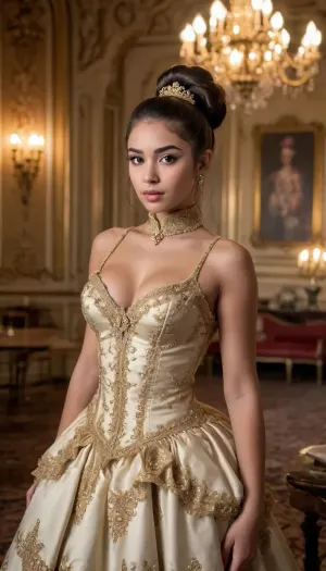 shallow depth of field, 85mm lens, ((18-year-old)), beautiful, athletic, (young), (petite), (Latina girl:1.6), ((black eye shadow)), ((high ponytail with Blunt Bangs brunette hair)), ((tight large breasts)), (untrimmed bushy pubic hair), ((exposed breasts)), (Victorian opulent baroque dresses:1.6), ((inside an opulent apartment living room)), direct eye contact, warm glow, cinematic atmosphere