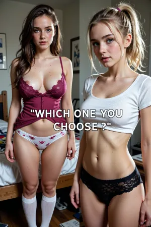 Ultra realism, 8k UHD, ultra detailed, cold natural lighting, sunlight illuminating a messy university student bedroom, perfect shadows. Picture divided in two parts. On the left side of the picture, Cute, shy, timid, goofy, wife, standing up, (French, very pale skin, 18yo, makeup, freckles on her face, spots, skin imperfections, messy clear brunette hair, long fluffy hair, square jaw, very clear blue eyes, pointed nose, natural sagging big breast, average waist, very wide hips, chubby thighs, chubby belly), she's wearing dark pink lace nightie and a white printed panties, white textured high socks, full body shot. On the right side of the picture, (german, pale skin, 18yo, no makeup, freckles on her face, subtile skin imperfections, messy clear blonde hair, mid long hair in a ponytail, high cheekbones, big clear brown eyes, long nose, natural small breast, slim waist, slim hips, slim thighs, flat belly), she's wearing white coton slim sized nightie and a black lace panties, full body shot. "WHICH ONE YOU CHOOSE ?" Medium text on the center of the picture.
