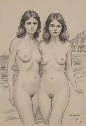 pencil sketch, portrait of two gorgeous 35yo brunettes, happy, 1970s style, frontal view, completely unclothed, standing, voluptuous, natural small-sized teardrop-shaped sagging breasts, seaside town, pencil, sketch, (cleanly shaved pussy), <lora:sketch_it:.8>, <lora:Pencil_Sketch-06R:.8>, <lora:sketch:.8>