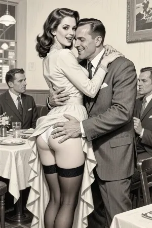 This is is a detailed monochromatic pencil drawing in a classical illustrative style depicts a scene set in 1960s, very tall beautiful woman with brown elegant hair married mother in pin-up style, she is wearing in long flounce dress, a seductive face, beautiful eyes, stands in restaurant, very excited, slutty smile, lustful, She hugs very handsome 40 yo man in a suit, men rough Hugging her and roughly strong groping her butt, men lift up the hem of her dress, showing her black stockings with garters, her white panties are visible, roughly strong grabbing her ass, lustful mocking smile men's face, man squeezes her buttock hard with his hand, groping and grabbing, men give her vulgar hints about sex, rear view, The overall mood is intense, rendered in fine, expressive line work and subtle shading, evoking the style of 1950s satirical or moralistic illustrations., (((1 man, 1 woman.)))