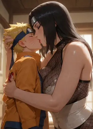 masterpiece, high detailed, (Glossy liner anime style), (Yūhi Kurenai from Naruto, long black hair, her white corset, fishnet halter, hourglass figure body, 36 years old, eyeshadow, milf, giant woman), (1 boy, Naruto_Uzumaki, yellow hair, his yellow coat, headband with Konoha emblem, short and small boy), (mother and son, taboo relationship), woman holding back of boy's head, (height difference, giant woman and small boy), side view, below view, deep field shot, backlight, hetero, woman bend forward to kissing the boy, waist, bend over, mouth to mouth, wet kiss