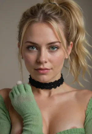 1woman, 30yo, long messy blonde hair, hair in messy ponytail, pale solender natural body, green eyes, ((small natural boobs)), nipple baubles, looking at camera, trimmed hairy pussy, wearing big wool gloves, choker, 3/4 view.