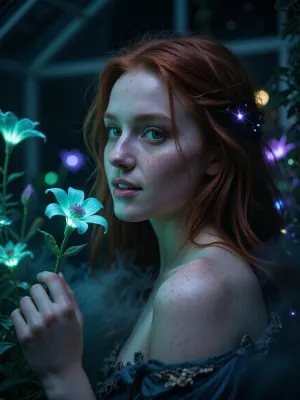 Ultra detailed depiction, extreme close-up composition, sharp focus on her face. A professional cinematic still of a beautiful fantasy redhead woman with pale skin, standing inside a dimly lit greenhouse filled with bioluminescent flowers. Her skin is smooth and cool-toned, with a faint natural sheen. Her eyes are a striking deep green, reflecting the soft glow of the plants around her. Her expression is calm and curious, a gentle smile on her lips as she looks toward one of the glowing flowers near her hand. Her dark hair falls loosely around her shoulders, catching small points of glowing light. Around her, the greenhouse is filled with fantastical flora, glowing flowers in shades of teal, violet, and soft green, casting gentle ambient light through the dim space. Wisps of soft mist drift low along the ground. The overall lighting is dark and moody, lit primarily by the glowing plants themselves, creating dramatic contrast between deep shadow and vivid glowing color. The color palette is dominated by deep blues, teals, and glowing violet accents. Shallow depth of field, soft bokeh background, over-detailed cinematic photography, masterpiece, epic detail, sharp facial details, photorealistic render.