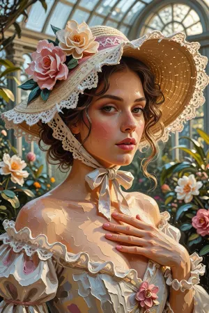 This painting, executed in oil using the impasto technique on textured linen canvas, is characterised by its distinctive thick layers of paint and rough brushstrokes applied with a palette knife, in the style of modern palette-knife portraiture. This close-up portrait depicts an elegant Victorian lady wearing a richly adorned wide-brimmed hat, embellished with lace and large flowers. She stands in a sun-drenched Victorian conservatory, her hands folded across her chest. The background depicts the soft, warm, picturesque atmosphere of a glass conservatory, rendered using impasto and thick brushstrokes — large, free, unmixed, matt oil strokes that hint at arched windows, lush tropical plants and numerous flowers, applied in thick impasto strokes using a palette knife. The uniform, noticeably thick texture of the oil paint smoothly covers the entire canvas, whilst the blurred background of the conservatory forms a picturesque surface created with thick strokes of the palette knife. Characteristic features of the painting include the dramatic lighting of the ‘golden hour’.