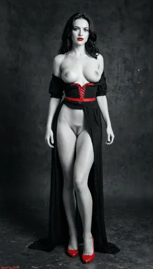 (Black and white photo with only red selective color:2), sexy slender woman revealing her tits and pussy in a black dress, pubic hair, perky tits, large areolae, red lips, long wavy black hair, red shoes, Black & White, bokeh background, <lora:Black&White-XL:1.8>