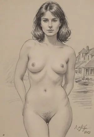 pencil sketch, portrait of gorgeous 35yo brunette, happy, 1980s style, frontal view, completely unclothed, standing, voluptuous, natural small-sized teardrop-shaped sagging breasts, seaside town, pencil, sketch, hairy unshaved vulva, <lora:sketch_it:.8>, <lora:Pencil_Sketch-06R:.8>, <lora:sketch:.8>