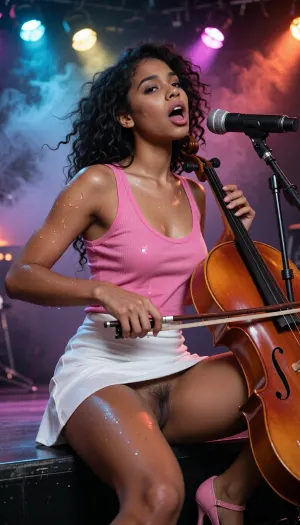 1 girl, 18 years old, youthful appearance, African, black skin, glossy, sweaty, beads of sweat, pink tank top, low neckline, white miniskirt, pink high heels, round face, realistic face, seductive gaze, dark brown eyes, long jet-black hair with Afro texture, (full lips:1.1), dimples, petite, narrow waist, medium-width hips, natural breasts, medium-sized breasts, (erect nipple:1.3), beautiful round buttocks, slender legs, well-groomed hairy pussy, sitting on a stage, playing the cello and singing at the top of her lungs, colorful spotlights, fog machine, wind machine making her hair blow, realistic photo, cinematic lighting, vibrant colors, best quality, masterpiece