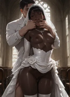 photorealistic, innocent, sexy, (enjoying being fucked from behind by a white man:1.8), (at church), (face like Audrey Hepburn:1.2), Indian, (Telugu:.9), (very dark black skin:1.2), (wedding dress), (long thick black hair:1.2), small breasts, pubic hair, darkness, orgasm, trembling, <lora:dark:.8>