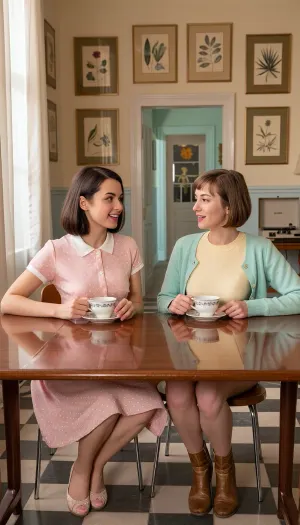 The frame is symmetrically composed, placing the two friends exactly at the center of a wide shot that feels like a page from a vintage 1950s picture book. Both women are in their early twenties, the one on the left has a bob of chestnut hair, a subtle curl at her jawline, and wears a pastel‑pink polka‑dot dress of soft cotton that catches the light with a faint, almost fabric‑like sheen, while the one on the right sports a short, sun‑bleached bob, a mint‑green cardigan over a buttery‑yellow sweater, and vintage leather ankle boots that show a gentle wear pattern. They sit side by by, shoulders lightly touching, their elbows resting on a low, lacquered wooden table that occupies the foreground, and each holds a steaming cup of tea, the porcelain cups reflecting the soft‑diffuse illumination with a delicate, creamy glaze. Their hands are relaxed, fingers curled around the handles, and their gazes meet at the edge of the table, eyes bright with shared amusement, as if they are about to burst into a quiet laugh about a nostalgic memory. Behind them, a pastel‑colored wall is adorned with a symmetrical arrangement of framed botanical prints, each image rendered in muted greens and yellows, reinforcing the orderly, almost storybook feel of the scene. The middle ground includes a narrow, pastel‑blue hallway that stretches straight away, its tiled floor a subtle checkerboard that leads the viewer’s eye toward the vanishing point, while a vintage record player sits on a small side table, its brass knobs catching a faint glint. A gentle haze of fine dust particles drifts lazily in the air, catching the soft light and creating tiny specks of golden glow that add a tactile sense of warmth to the room. The source of illumination is a large, frosted window on the left side, delivering a diffused, warm glow that blankets the characters and the surrounding décor, eliminating harsh shadows and rendering the skin tones with a buttery, almost porcelain quality. The camera perspective mimics a 35mm film lens set at roughly 50mm focal length, aperture f/2.8, providing a modest shallow depth of field that keeps the two friends sharply in focus while the background recedes with a subtle bokeh that suggests a film‑grain texture typical of the era. The overall composition follows the rule of thirds, yet the strict central symmetry creates a deliberate visual balance, echoing Wes Anderson’s signature style, while the pastel palette of pinks, yellows, and greens reinforces a nostalgic mood that invites the viewer to feel the gentle, comedic intimacy of a quiet afternoon shared between close companions.