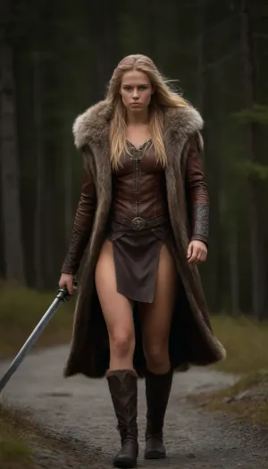 very high quality, 8k, very deailed picture, ((((tall very skinny swedish woman, tanned northern viking blonde woman casually walking through the northern wilderness, 18yo, highly defined muscle detail, highly detailed skin, perfect body, ((((wearing a full heavy viking armor made of leather and fur, over all a long thick fur coat, bare thighs, several layers of viking cloths made of leather and fur, holding a very long old sword in her right hand)))), ((((extreme long viking hairstyle:1.9), extreme long hairstyle)))), play of light and shadow on skin and big strong muscles give the picture depth and a high degree of realism, tanlines, a few bright-colored accessoires and flashy jewelry ad a pop of color and visual interest and detail))), clothes, braless, Wearing, that, make, sense, with, Braless>, detailxl, <lora:bralessSDXL_v1_00022:.8>