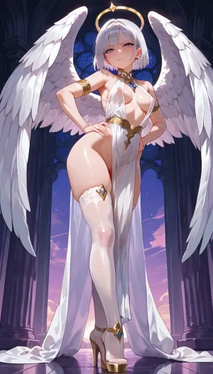 purple sunset, skies, solo, Legs wide, (medium breast), full-length view, silver manicure, (petite build), short hair, 1girl, bangs, (young), calm and focused, extremely platform heels, stockings, the celestial goddess of debauchery, the celestial throne of the goddess, divine transparent uniform, angel wings, halo, (tiptoe), (She leaned forward to scold me, looking me in the eye with a hurt expression, her hands on her hips), Angry, looking straight ahead, no panties, no bra, horny excited erect nipples, anus