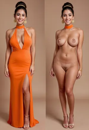 Before and after, a gorgeous busty slender 28-year-old Iraqi American woman, tan lines, (hairy bush:1.2), hair in a complicated updo, gold earrings, gold necklace, gold bracelets, (in a conservative modest long high-collar orange bridesmaids dress before), (completely naked after), zoom out, view from thighs up, <lora:OnoffXL_ExtraCrispy:.5>