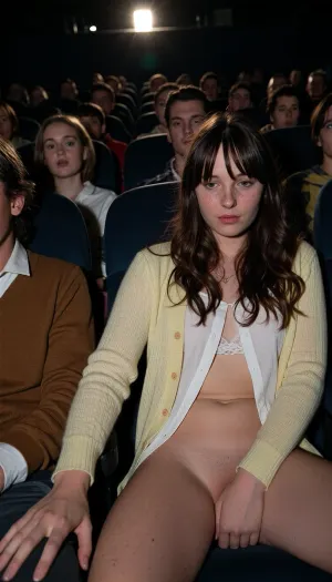 POV, the viewer is sitting in a crowded cinema theatre plunged into darkness, He is facing the screen, but the screen itself is not visible within the frame – only its glow can be perceived, as the viewer is looking down.
His left hand is resting on the thigh of a woman sitting next to them on his left.
In the seat to the viewer’s left, facing in the same direction as the viewer, (towards the screen), sits a young woman of about 30, slightly plump, with pale skin and lots of moles all over her body. The viewer looks slightly to his left to get a better view of the woman sitting to his left.
She has brown hair, long and wavy, and freckles on her face. The woman is wearing a pale yellow woollen cardigan over a white shirt which is slightly open to reveal a white lace bra.