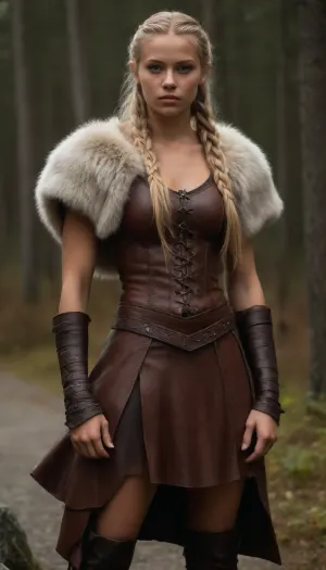 very high quality, 8k, very deailed picture, ((((very skinny swedish girl, tanned northern viking blonde girl casually standing in the northern wilderness, 18yo, highly defined muscle detail, highly detailed skin, perfect body, ((wearing a full heavy viking armor made of leather and fur)), ((((several layers of viking cloths made of leather and fur)))), (extreme long hair:1.9), (buttlenght hair:1.9), ((((braided, long viking hairstyle)))), play of light and shadow on skin and big strong muscles give the picture depth and a high degree of realism, tanlines, a few bright-colored accessoires and flashy jewelry ad a pop of color and visual interest and detail, girl is looking to the camera))))