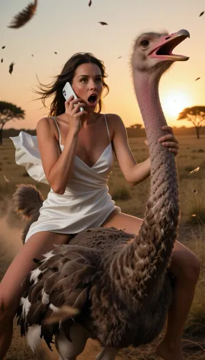 Shot on Canon EOS R5 with 85mm f/1.2 lens at f/1.8, sophisticated Vogue-style fashion editorial, cinematic vertical full body shot, high-end fashion editorial action selfie captured with a dynamic wide-angle smartphone perspective, featuring an adult person riding on the back of a large, galloping African ostrich. The person occupies the middle ground, wearing a white silk slip dress that flutters violently in the wind, their expression one of pure, hilarious shock with wide eyes and a gaping mouth. They are holding a white smartphone pressed to their ear as if in the middle of an important call, while their other hand grips the coarse, textured feathers of the ostrich's neck for stability. The ostrich dominates the immediate foreground, its long, powerful neck curving toward the lens, with its large beak wide open in a comical, startled expression. The scene is captured with intense motion blur, creating a chaotic sense of high speed, with dust clouds and stray ostrich feathers swirling through the air. The setting is a vast, sweeping African savanna during a dramatic golden hour sunset, where the low-hanging sun casts a brilliant golden rim light around the subjects' silhouettes and illuminates the distant, hazy acacia trees. The lighting is warm and cinematic, featuring deep amber and soft orange tones in the sky, with natural shadows and high-dynamic-range detail that emphasizes the realistic textures of the ostrich's mottled feathers, the person's sun-kissed skin, and the fine weave of the summer fabrics. The composition is intimate and jarring, creating an ultra-photorealistic, high-speed adventure aesthetic, depth of field, volumetric fog, moody noir aesthetic, extremely detailed skin texture, water droplets, natural film bloom, gritty grain texture. her hair blows toward the viewer as she looks up. she is photographically integrated into the landscape through shared illumination and atmospheric depth, cinematic live-action fantasy photography, environmental portraiture, warm color response, deep imperfect blacks, gently underexposed photography, physically plausible sunlight, natural atmospheric perspective, subtle lens softness away from the focal plane, layered depth, realistic skin texture with visible pores, realistic anatomy, realistic fabric physics, photographic lighting, shallow depth of field, framing the composition asymmetrically, Dramatic chiaroscuro split lighting sharply carving one side of her cheekbones in luminous porcelain highlight while plunging the other into rich, velvety shadow. Color palette of deep muted cherry-red, earthy mahogany, soft cream, metallic chrome, and electric turquoise accents. Hyper-detailed skin texture with fine natural pores, macro 85mm f/1.8 lens, Vogue Italia cover Hyper-realistic quality, pristine tactile textures