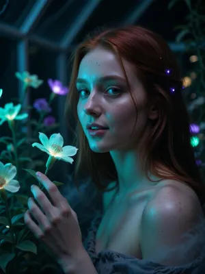 Ultra detailed depiction, extreme close-up composition, sharp focus on her face. A professional cinematic still of a beautiful fantasy redhead woman with pale skin, standing inside a dimly lit greenhouse filled with bioluminescent flowers. Her skin is smooth and cool-toned, with a faint natural sheen. Her eyes are a striking deep green, reflecting the soft glow of the plants around her. Her expression is calm and curious, a gentle smile on her lips as she looks toward one of the glowing flowers near her hand. Her dark hair falls loosely around her shoulders, catching small points of glowing light. Around her, the greenhouse is filled with fantastical flora, glowing flowers in shades of teal, violet, and soft green, casting gentle ambient light through the dim space. Wisps of soft mist drift low along the ground. The overall lighting is dark and moody, lit primarily by the glowing plants themselves, creating dramatic contrast between deep shadow and vivid glowing color. The color palette is dominated by deep blues, teals, and glowing violet accents. Shallow depth of field, soft bokeh background, over-detailed cinematic photography, masterpiece, epic detail, sharp facial details, photorealistic render.