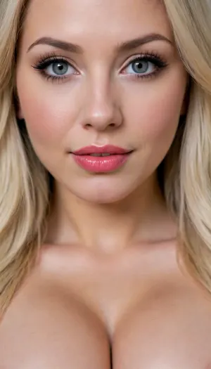 21 YEAR OLD CAUCASIAN BIMBO SLUT, IN FRONT OF VIEWER, VERY EXTREMELY EXTREMELY CLOSE UP, FACE & BREASTS DIRECTLY IN VIEWERS FACE, FACE TO FACE, DIRECTLY IN FRONT OF VIEWER, LARGE BIG BOOBS, VERY CLOSE UP, BENDING FORWARD, WHITE FACE, VERY WHITE SKIN, GOOD LIGHTING, LONG NATURAL BLONDE HAIR, BIG GREY EYES, BIG BIMBO LIPS, SMILING, SLUT, PERFECT FACE, LUSTFUL APPEARANCE