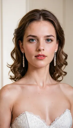 Ultra-realistic portrait of a striking woman with long wavy chestnut hair, heart-shaped face, and elegant hourglass figure in an opulent ballroom. She wears a sleeveless high-neck sheer couture gown with illusion panels, pearl beadwork, flowing embroidery, diamond earrings and delicate jewelry. Cinematic 8K boudoir lighting, soft bokeh, gilded mirrors, floral d�cor, and golden atmosphere create a fantasy-inspired masterpiece blending contemporary fashion photography with influences of Helmut Newton, Annie Leibovitz, and Caravaggio. Hyper-realistic textures, dramatic depth, magical elegance and refined luxury styling create an epic unforgettable image.