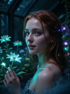 Ultra detailed depiction, extreme close-up composition, sharp focus on her face. A professional cinematic still of a beautiful fantasy redhead woman with pale skin, standing inside a dimly lit greenhouse filled with bioluminescent flowers. Her skin is smooth and cool-toned, with a faint natural sheen. Her eyes are a striking deep green, reflecting the soft glow of the plants around her. Her expression is calm and curious, a gentle smile on her lips as she looks toward one of the glowing flowers near her hand. Her dark hair falls loosely around her shoulders, catching small points of glowing light. Around her, the greenhouse is filled with fantastical flora, glowing flowers in shades of teal, violet, and soft green, casting gentle ambient light through the dim space. Wisps of soft mist drift low along the ground. The overall lighting is dark and moody, lit primarily by the glowing plants themselves, creating dramatic contrast between deep shadow and vivid glowing color. The color palette is dominated by deep blues, teals, and glowing violet accents. Shallow depth of field, soft bokeh background, over-detailed cinematic photography, masterpiece, epic detail, sharp facial details, photorealistic render.