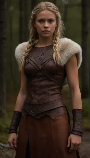 very high quality, 8k, very deailed picture, ((((very skinny swedish woman, tanned northern viking blonde woman casually standing in the northern wilderness, 18yo, highly defined muscle detail, highly detailed skin, perfect body, ((wearing a full heavy viking armor made of leather and fur)), ((((several layers of viking cloths made of leather and fur)))), (((extreme long hair:1.9))), ((((braided, very long viking hairstyle)))), play of light and shadow on skin and big strong muscles give the picture depth and a high degree of realism, tanlines, a few bright-colored accessoires and flashy jewelry ad a pop of color and visual interest and detail)))), clothes, braless, Wearing, that, make, sense, with, Braless>, detailxl, <lora:bralessSDXL_v1_00022:.8>