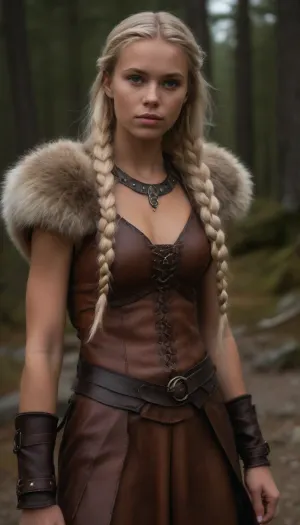 very high quality, 8k, very deailed picture, ((((very skinny swedish woman, tanned northern viking blonde woman casually standing in the northern wilderness, 18yo, highly defined muscle detail, highly detailed skin, perfect body, ((wearing a full heavy viking armor made of leather and fur)), ((((several layers of viking cloths made of leather and fur)))), (extreme long hair:1.9), (buttlenght hair:1.9), ((((braided, long viking hairstyle)))), play of light and shadow on skin and big strong muscles give the picture depth and a high degree of realism, tanlines, a few bright-colored accessoires and flashy jewelry ad a pop of color and visual interest and detail))))