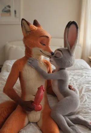 (Furry, Judy Hopps from "Zootopia":1.7), (Furry, Nick Wilde from "Zootopia":1.7), ((Disney)), rabbit, Judy Hopps holds knotted penis Nick Wilde's, red penis, canine penis, fox penis, kissing Bed.