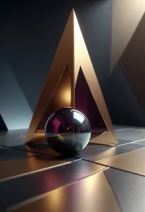 CG rendering, digital art, abstract geometry, contrast of light and shadow, metallic textures, modern minimalism