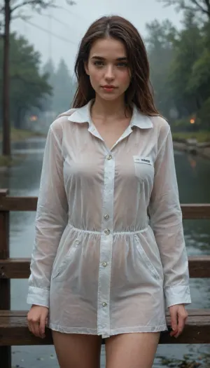 Photorealistic portrait of a young woman Far Harbor type, 23 years old, pale skin with light freckles, wearing only a loosely tied oilskin raincoat that hangs op.en, ex.posing most of her body, standing on wet wooden docks at dusk with thick fog and bright lantern light, one hand holding the coat closed at her thighs, the other brushing wet hair from her face, body slightly arched, rain droplets on skin, atmospheric volumetric lighting, ultra-detailed water and fabric, eroticart and moody realism, intricate details, HDR, beautifully shot, hyperrealistic, sharp focus, 64 megapixels, perfect composition, high contrast, cinematic, atmospheric, moody