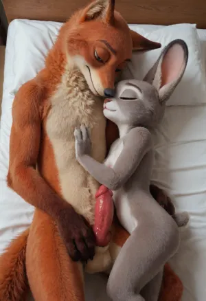 (Furry, Judy Hopps from "Zootopia":1.7), (Furry, Nick Wilde from "Zootopia":1.7), ((Disney)), rabbit, Judy Hopps holds knotted penis Nick Wilde's, red penis, canine penis, fox penis, kissing, cuddling on the bed.
