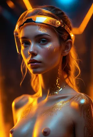 ​Editorial conceptual photography of a naked female cyber-nomad with small breasts. She wears a transparent UV-reactive liquid visor that radiates an intense electric-golden aurora. Her body is accented with invisible-ink henna tatts that explode into vibrant radiant golden and golden glow under ultraviolet rays, deep dark studio backdrop, 8k cinematic render., <lora:MJ52:.5>