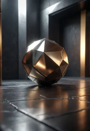 CG rendering, digital art, abstract geometry, contrast of light and shadow, metallic textures, modern minimalism