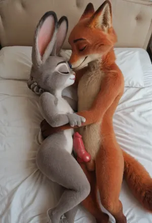 (Furry, Judy Hopps from "Zootopia":1.7), (Furry, Nick Wilde from "Zootopia":1.7), ((Disney)), rabbit, Judy Hopps holds knotted penis Nick Wilde's, red penis, canine penis, fox penis, kissing Bed.