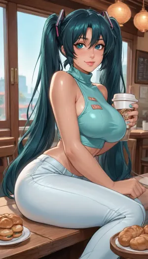 reiq style, (Thick outline:1.4), ((Cartoon Style:1.5)), ((Hentai)), (Hatsune Miku), (dark skin), (dark hair), ((tan lines:1)), sweat, large breasts, eyes looking at viewer, smile, blushing, A woman in her twenties is sitting on the terrace of a café. She looks relaxed. On the table are a cup of coffee and a croissant. She is wearing tight white jeans, a lagoon-green crop top, and a pretty pair of white high-heeled pumps, full-body, wystyle, ratatatat74, <lora:cartoon_stickers_xl_v1:.5>, <lora:outline_xl_kohaku_delta_spv5x:2>, <lora:Ppolar-P3v1-NbVp10:1.5>, <lora:ratatatat74-000050:1.9>