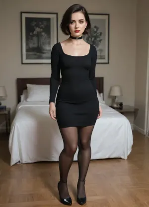 Mature woman, sad, age 47, black hair, short hair, goth pale, red lips, short woman, (chunky legs:1.1), (wide hips:1), (thick thighs:1.12), choker, (black dress), tight dress, long sleeve dress, black pantyhose, high heels, small breasts, natural breasts, flat chest, brown eyes, 1950's vintage hair style, standing, shy, guilt, in bedroom, the picture style is vintage 1950's