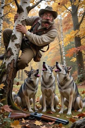 A humorous and detailed digital painting depicting a comical hunter with a large mustache and eyes wide with terror, desperately clinging to a birch trunk as he tries to climb higher. Below him, three gray wolves sit on the grass, looking up at him with their tongues hanging out, as if laughing at the hapless hunter. His hunting rifle lies forgotten on the ground amid fallen autumn leaves. The scene takes place in a dense autumn forest with golden, orange, and yellow foliage. Detailed textures of the tree bark, the wolves’ fur, and the hunter’s vintage clothing, hyper-realistic detail, a cozy and playful atmosphere, cinematic lighting.