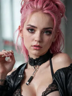21 years old beautiful, stunning unique female character wet punk, pink hair, close-up portrait, black lingerie, ziprealism, t1hal, <lora:t1hal:.5>, GiganticBreatsXL, gigantic, breasts, huge, <lora:GiganticBreastsXLv1:.8>