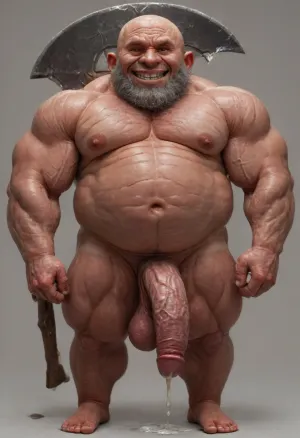(((No background))), ((Full body, front view)), ((a nude muscular obese man with a axe in his right hand, ((tanned skin:1.79)), ((Small body, big head)), evil grin, bald, wrinkled, short grey beard, ((high erect thick veined cock, cum dripping)))), <lora:xpenis-1.5e:1.4>, <lora:detailed_notrigger:1.3>