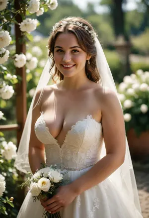 30 years old bride, thick curvy body, wide hips, thick ass, thick thighs, overweight, thick waist, (5'-7" tall and 190lbs), smiling, white Wedding dress, Wedding veil, very Deep neckline, small sized natural breasts, Flowers trellis, outside, sunny, <lora:MJ52:.8>