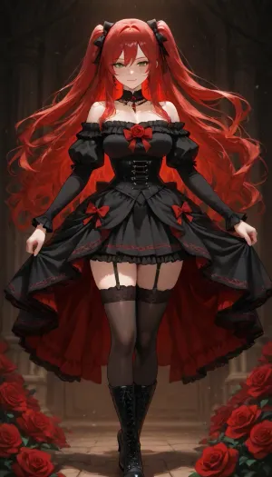 A stunning anime girl with long flowing crimson-red hair cascading behind her, a large red rose and black ribbon in her hair, bright green eyes, highly detailed face, intricate facial features, large detailed green eyes with catchlights and defined eyelashes, delicate nose and lips, subtle blush, refined facial structure, sharp focus on the face, beautiful detailed skin, and a confident slight smile. She wears a white off-shoulder blouse, with puffy ruffled sleeves and red ribbon bows, a black laced underbust corset decorated with red roses and dangling gold chains, a black high-low gothic skirt with a vivid red underside, black garter straps, sheer black thigh-high stockings, and black lace-up boots. A black choker is around her neck.
walking head held high., <lora:victorian_dress-XL-2.0:1>, <lora:Fiona-000009:.8>