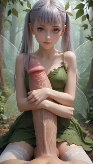1 female, Fairy from the woods, fairy wings, (very lean skinny small fairy body:1.4), b size breasts, ((leaf dress)), silver hair, ponytails, bold purple eyes, Noelle Silva from black clover, long hair, stockings, (hugging a massive cock, cock as big as her body, huge size difference), teasing viewer, seducing viewer, view from front, pov, (seductive look:1.2), biting lip, bedroom eyes, sexy smile