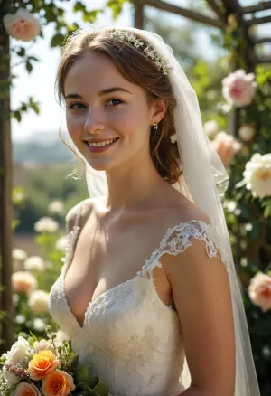 20 years old bride, smiling, Short Wedding dress, Wedding veil, very Deep neckline, Round breasts, Flowers trellis, outside, sunny, <lora:MJ52:.8>