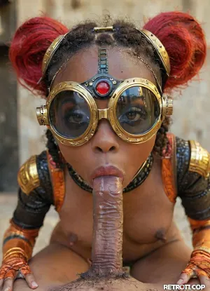 (18-year-old cute flirty Black spacegirl wearing retrofuturistic lounge wear is sucking a cock), (POV Blowjob:.8), (looking down from above on the face of a beautiful 18-year-old cute flirty Black spacegirl wearing a sexy shiny sci-fi outfit sucking a cock), (she is looking directly at the viewer), POV blowjob, The lower half of the frame is dominated by the view of looking down over POV man's widespread thighs and belly and pubic hair and big white cock, beautiful 18-year-old cute flirty Black spacegirl's mouth is around the shaft of the cock in a soft round circle, red lips, heavy make-up, hard eye-contact, beautiful eyes, perfect face, woman, sucking, cock, style, of, Afrofuturism, pov_deepthrt, deepthroating, a, man's, penis, blsdp, <lora:EnvyAstropunkXL01_Characters:.1>, <lora:WTS - WhatTheSuck - v1:.1>, <lora:Afrofuturist_Fashion:.1>, <lora:tbh324-sdxl:.6>, <lora:concept_pov_dt_xl2-000020:.1>