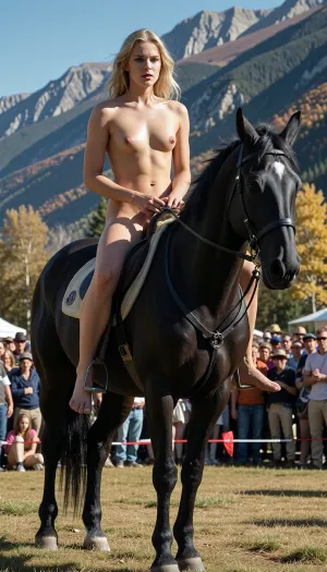 (close and intimate view:1.6), A naked, barefoot young blonde woman rides a black stallion without saddle and bridle in a sunny autumn landscape
at a riding competition in front of numerous spectators. High mountains in the background. cinematic moody lighting, tense but charismatic atmosphere, crowd of barefoot people, vintage, high resolution
