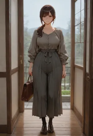 masterpiece, best quality, absurdres, newest, highres, very aesthetic, 1girl, solo, mature female, adult, medium breasts, average figure, medium hips, mature body, average height, dark brown hair, sleek ponytail, neat bangs, brown eyes, serious, looking at viewer, dark grey dress pants, tucked cream blouse, closed collar, long charcoal cardigan, loafers, structured tote bag, standing straight, arms at sides, cowboy shot, full body, bedroom, window, backyard view, moving in, overcast light, soft lighting, depth of field, detailed face, detailed eyes