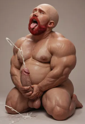 (((No background))), ((Full body frontal view)), (a nude muscular obese man, ((tanned skin:1.9)), ((Small body, big head)), head up, bald, wrinkled, short red beard, kneeling, masturbating his big veined cock, high cumshot), (ahegao:1.2), <lora:xpenis-1.5e:.9>, <lora:detailed_notrigger:1.5>