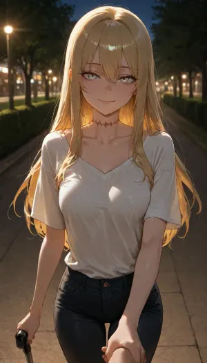 Female, long hair, small boobs, golden hair, very frail, skinny body, wearing white t shit and black denim pants, huge scar on neck, white coloured eyes, blind, holding viewer hand, smiling, walking with viewer, walking cane in another hand, at night, in public, in park, dim lights, pov, solo, no sex