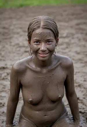 21 years happy plump woman, ((mud swamp)), ((((completely covered with mud, hair are completely covered with mud, face is completely covered with mud, plump body is completely covered with mud, dress are completey coverd with mud)))), (((thick, sticky, liquid mud on her head:1.9))), (((sticky clumps of mud on her face:1.9))), (((hair is completey soaked with liquid mud))), running mud swamp